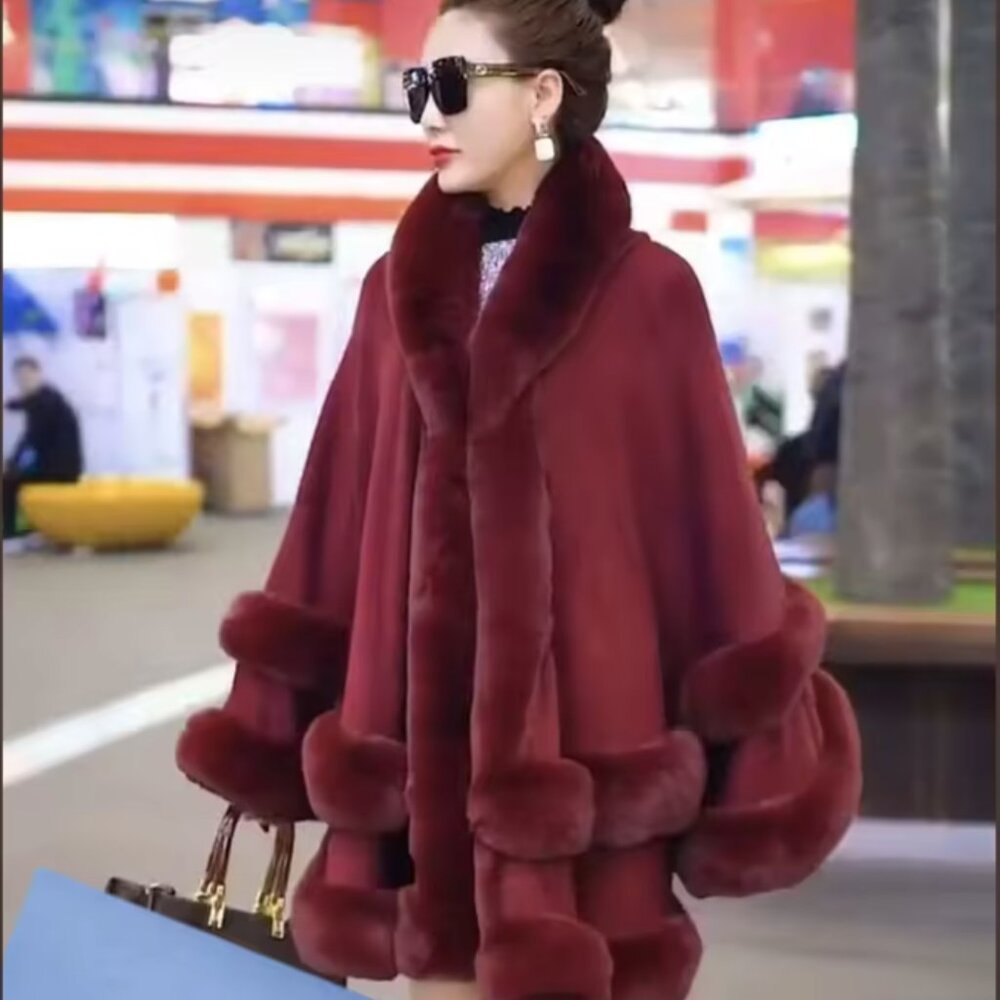 Double Layer Luxury Imitated Rex Rabbit Fur Cape Coat Hooded Shawl Winter Women